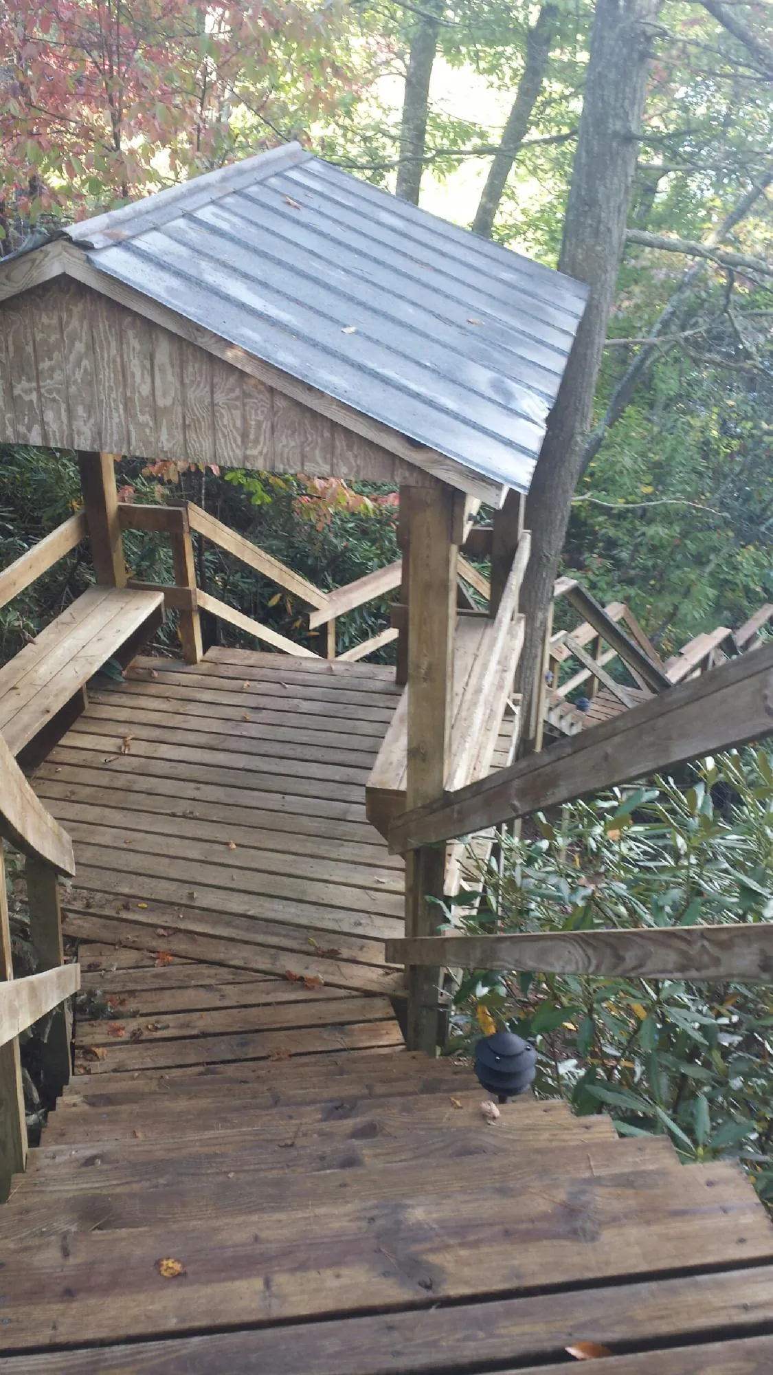Metal roofed shelter over wooden steps on a wooded walkway — Skylight Repair & Installation work by our crew in San Marino